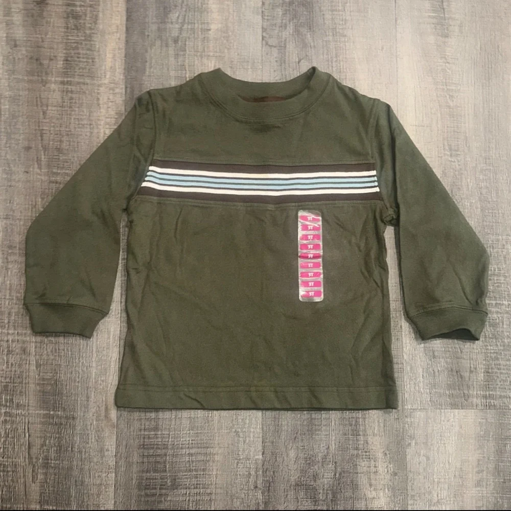 💞 New Baby & Toddler Boys Size 3T Olive Green Long Sleeve Shirt With Knit Stripe